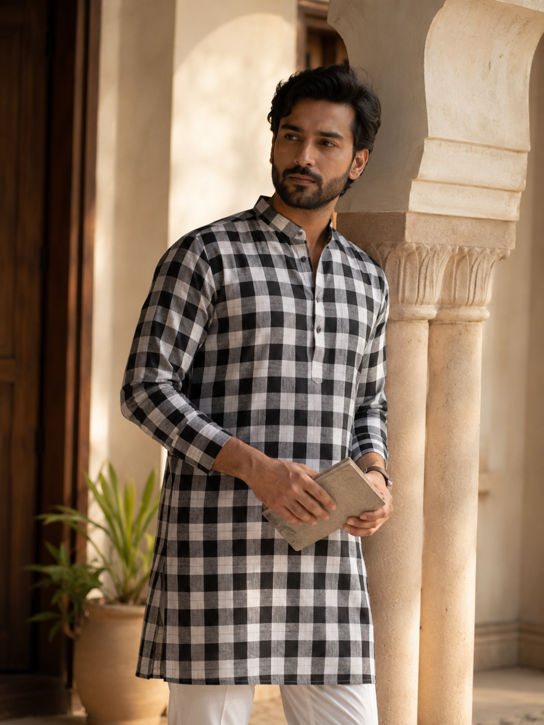 Classic Handloom Khaddar Check Fabric – Black & White