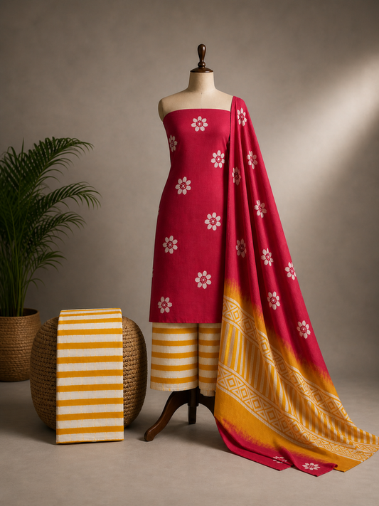 Red Batik Floral Buti & Stripe | 3-Piece Unstitched Suit Set