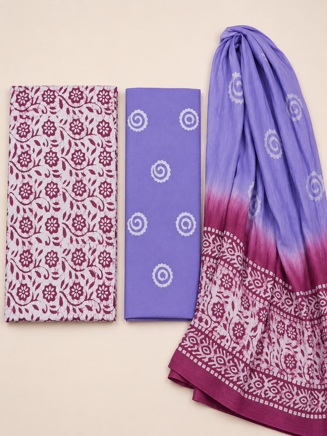 Lavender Batik Floral & Spiral Motif | 3-Piece Unstitched Suit Set
