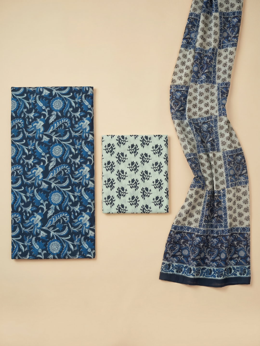Indigo Floral Block Print | 3-Piece Unstitched Suit Set