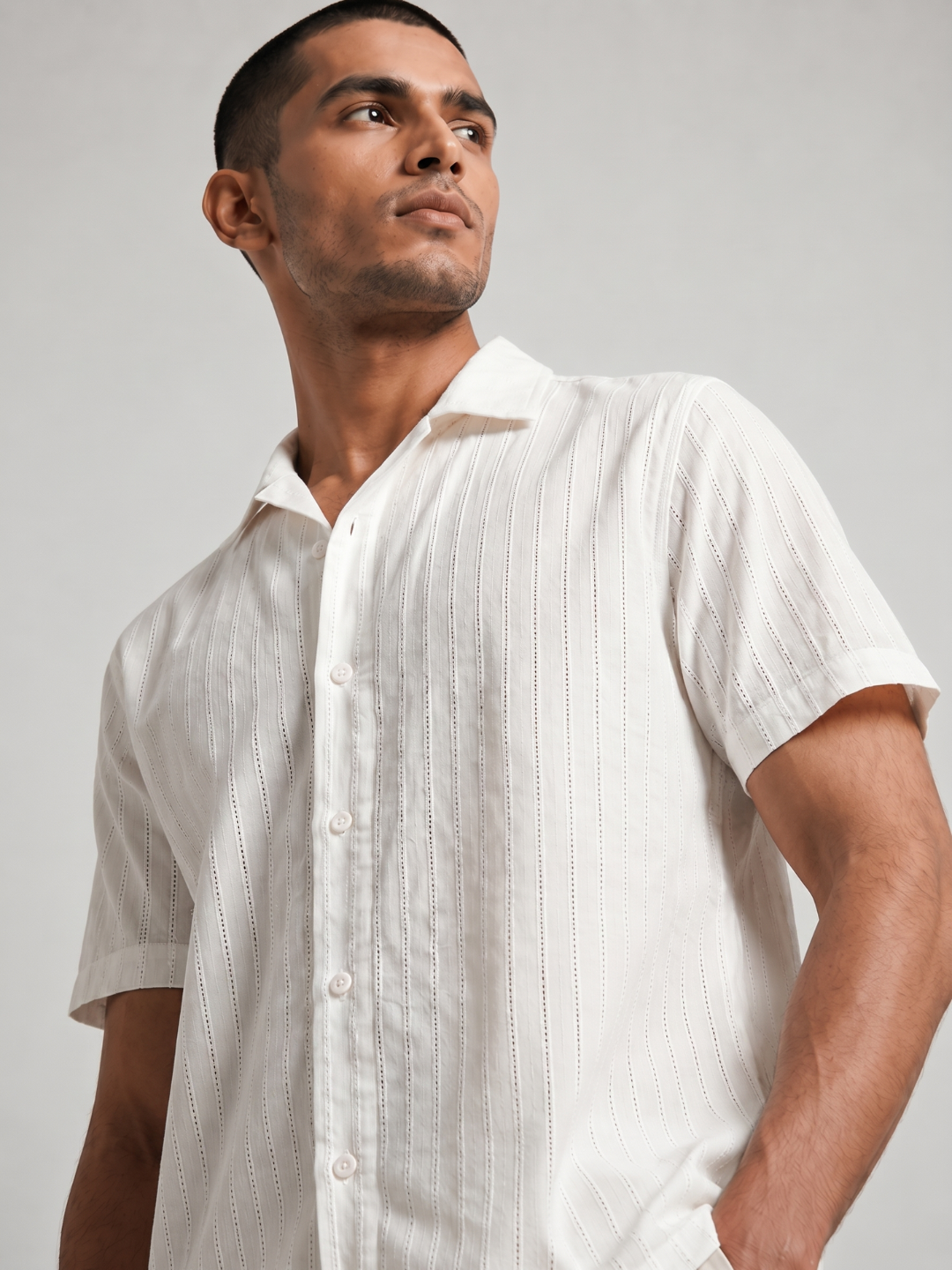 Khadi Pearl White Cuban Collar Half Sleeve  Shirt