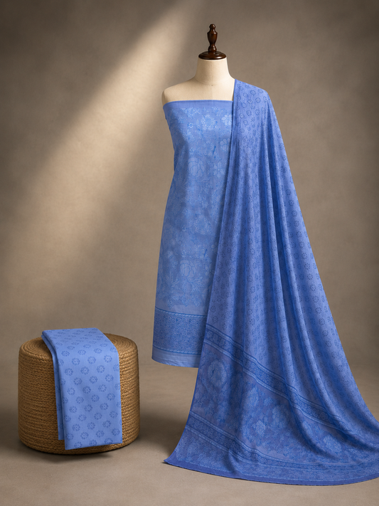 Powder Blue Floral Block Print | 3-Piece Unstitched Suit Set