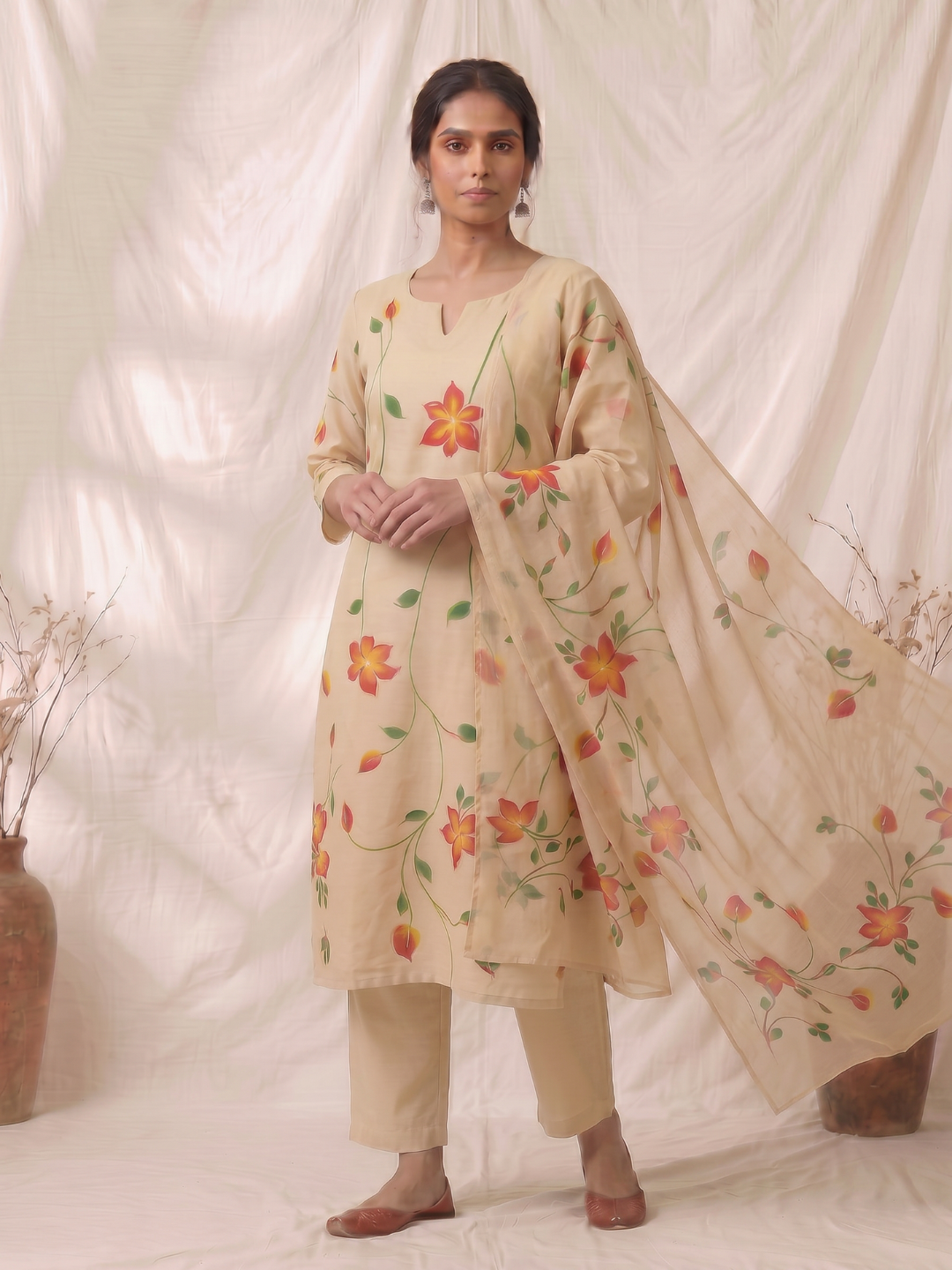 Khaddar Premium Hand Painted 3 Pcs Unstitched Suit Set - Beige Floral Vine