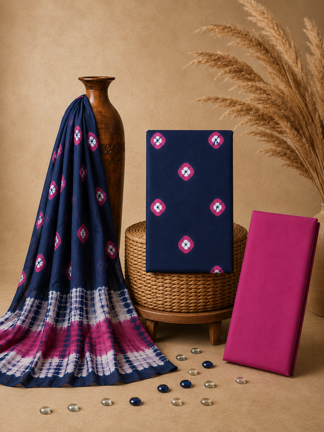 Navy Blue Tie-Dye Bandhani Motif | 3-Piece Unstitched Suit Set