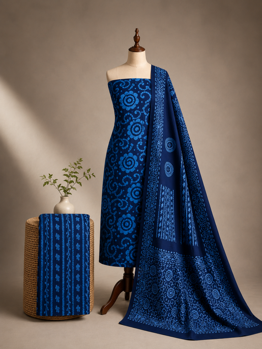 Blue Batik Spiral Print with Ethnic Dupatta 3 Pcs Unstitched Suit Set
