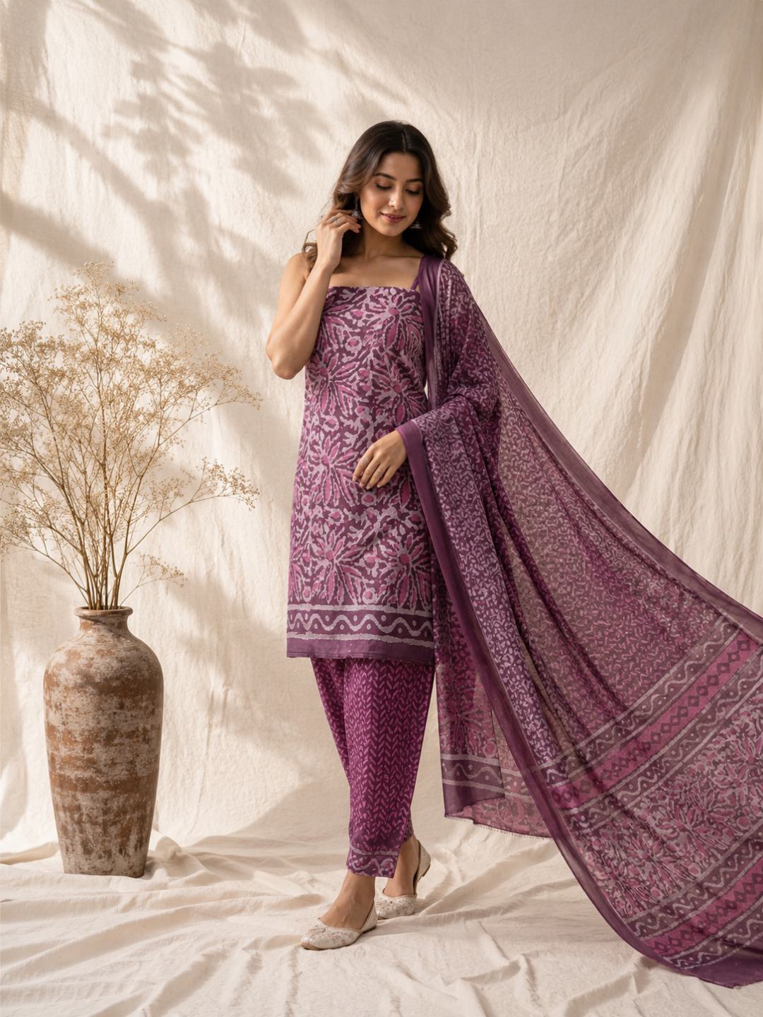 Blush Petal Batik Cotton Fabric  | 3-Piece Unstitched Suit Set