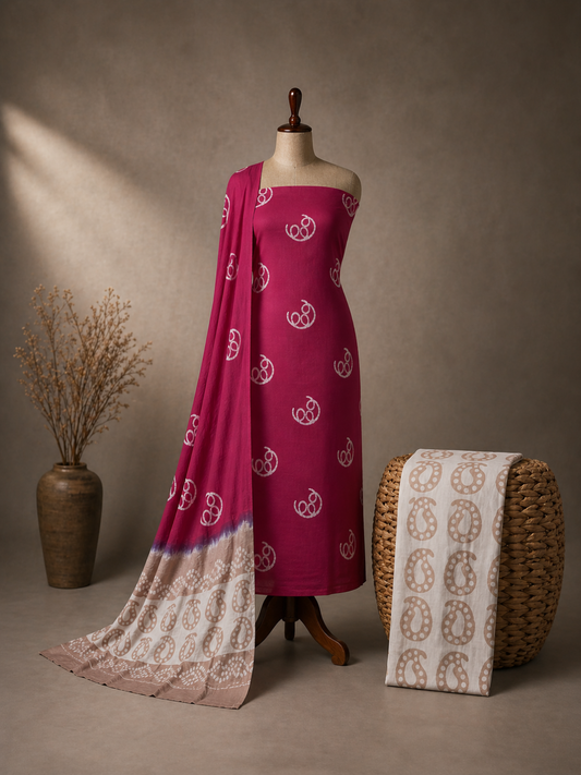 Rani Pink Batik Paisley | 3-Piece Unstitched Suit Set