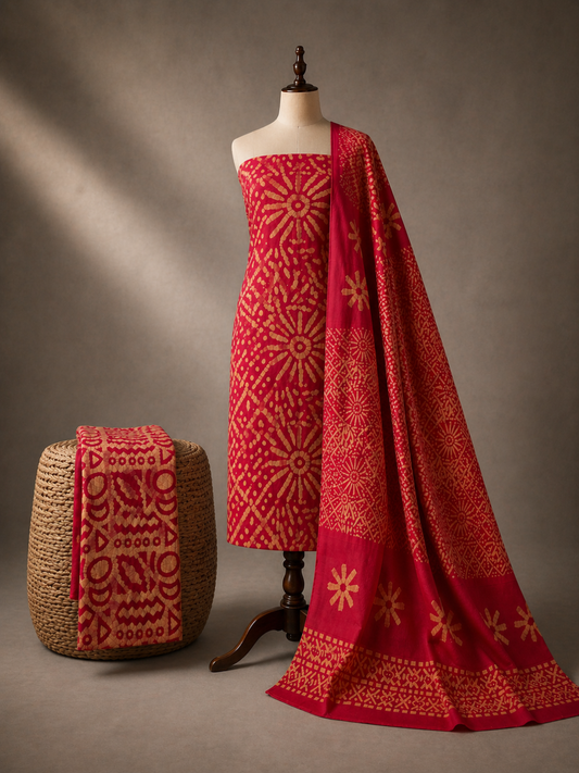 Red Batik Sunburst Print | 3-Piece Unstitched Suit Set