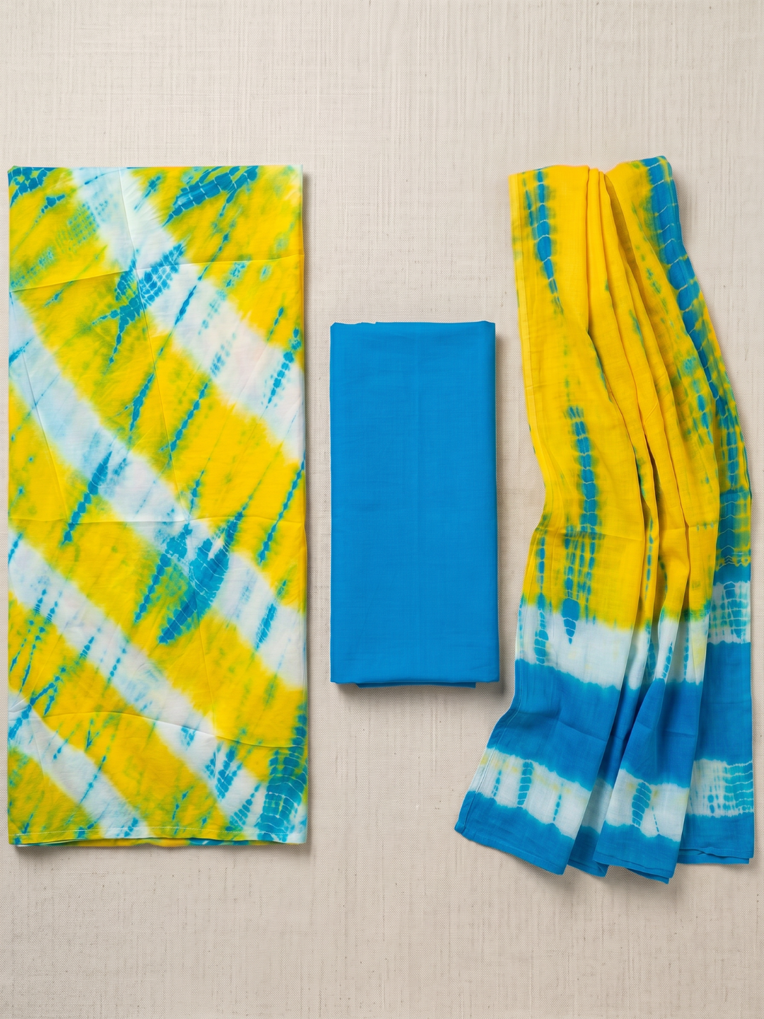 Yellow & Sky Blue Shibori Tie-Dye Pattern - 3-Piece Unstitched Suit Set