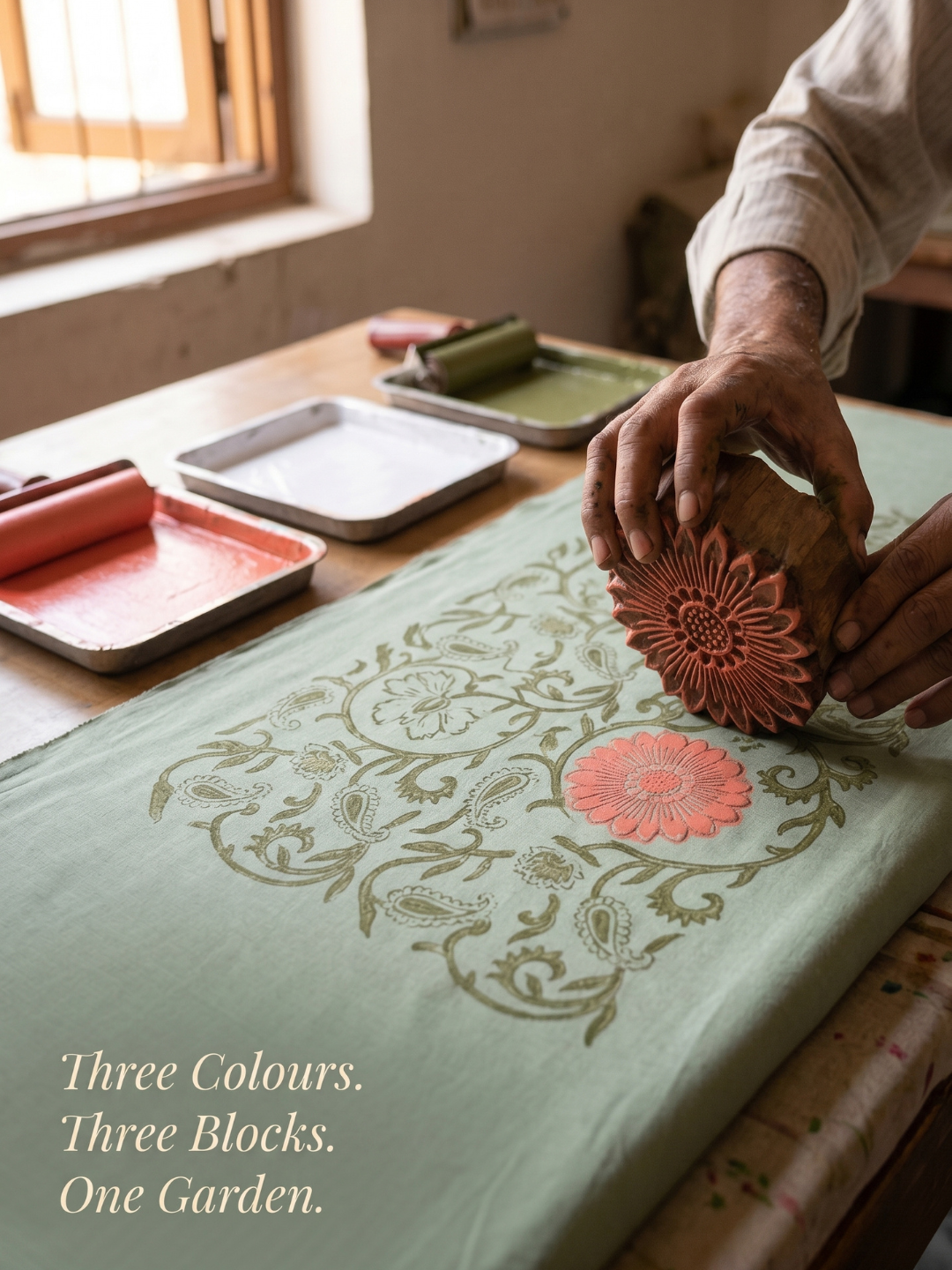 Sage Blossom Block Print | 3-Piece Unstitched Suit Set