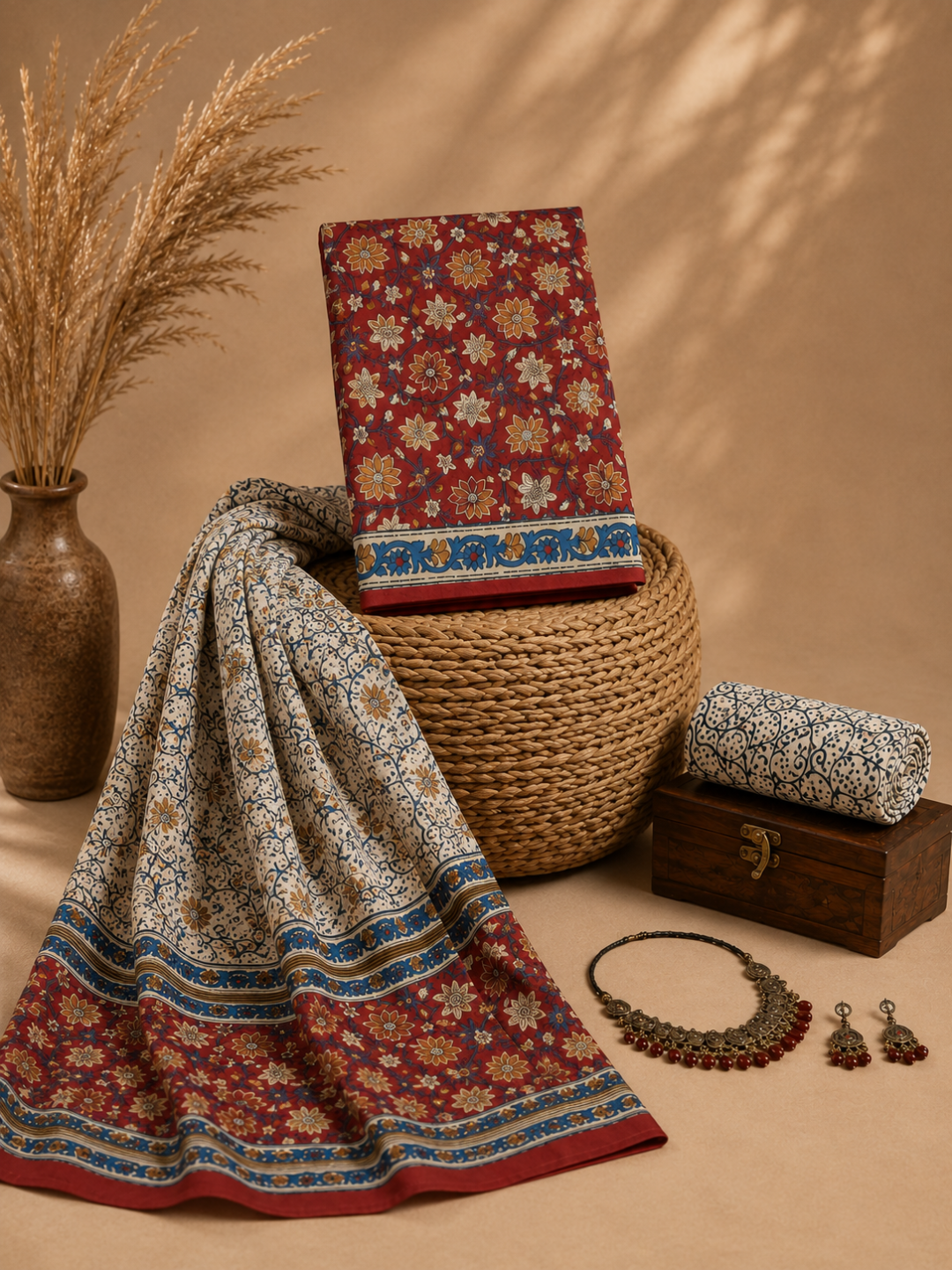 Rust Red Floral Block Print | 3-Piece Unstitched Suit Set