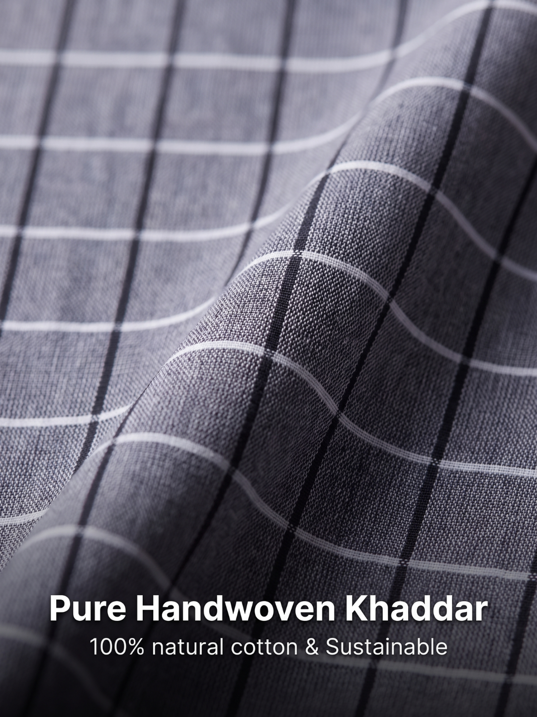 Grey & Black Window Check Khadi Fabric | 100% Cotton