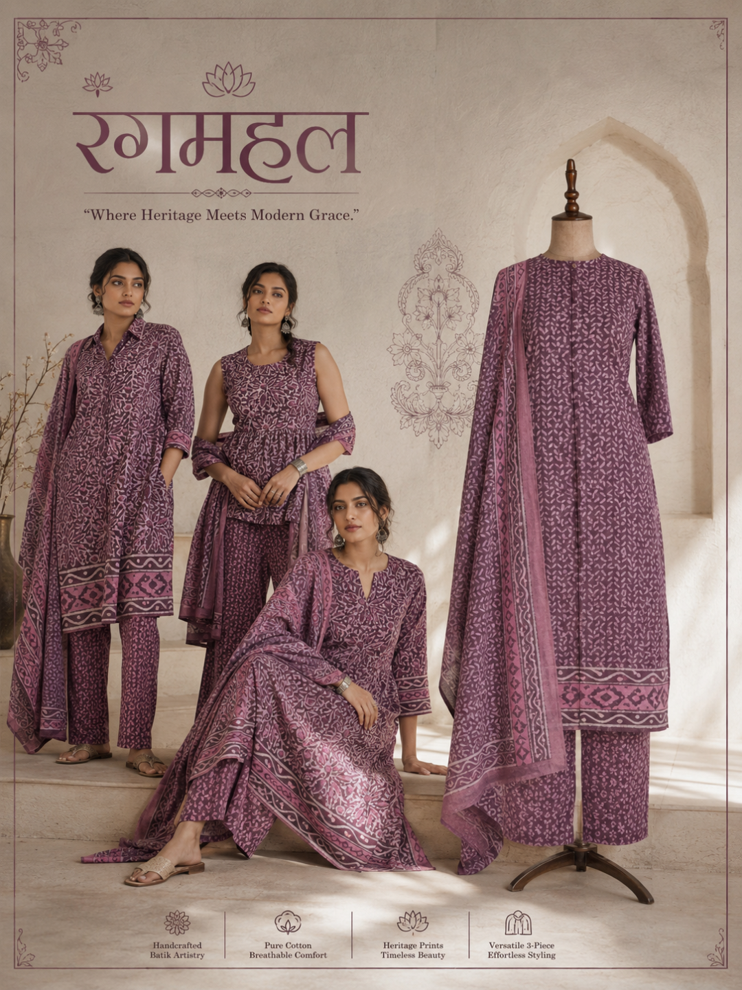 Blush Petal Batik Cotton Fabric  | 3-Piece Unstitched Suit Set