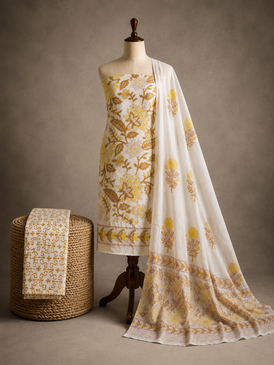 White & Mustard Floral Block Print | 3-Piece Unstitched Suit Set
