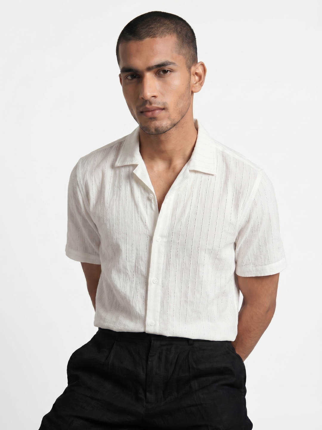 Khadi Pearl White Cuban Collar Half Sleeve  Shirt