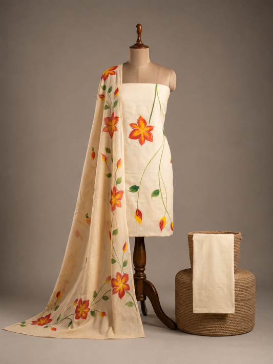Khaddar Premium Hand Painted 3 Pcs Unstitched Suit Set - Beige Floral Vine