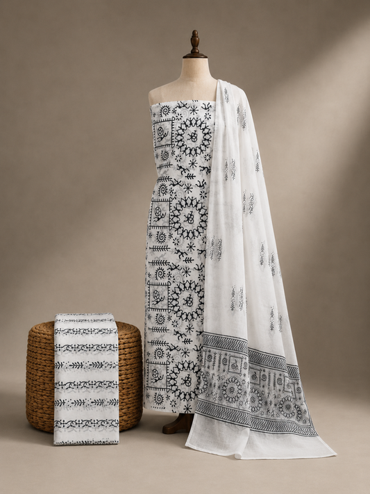 White & Black Tribal Block Print | 3-Piece Unstitched Suit Set