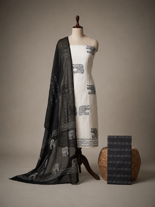 White & Black Elephant Block Print | 3-Piece Unstitched Suit Set