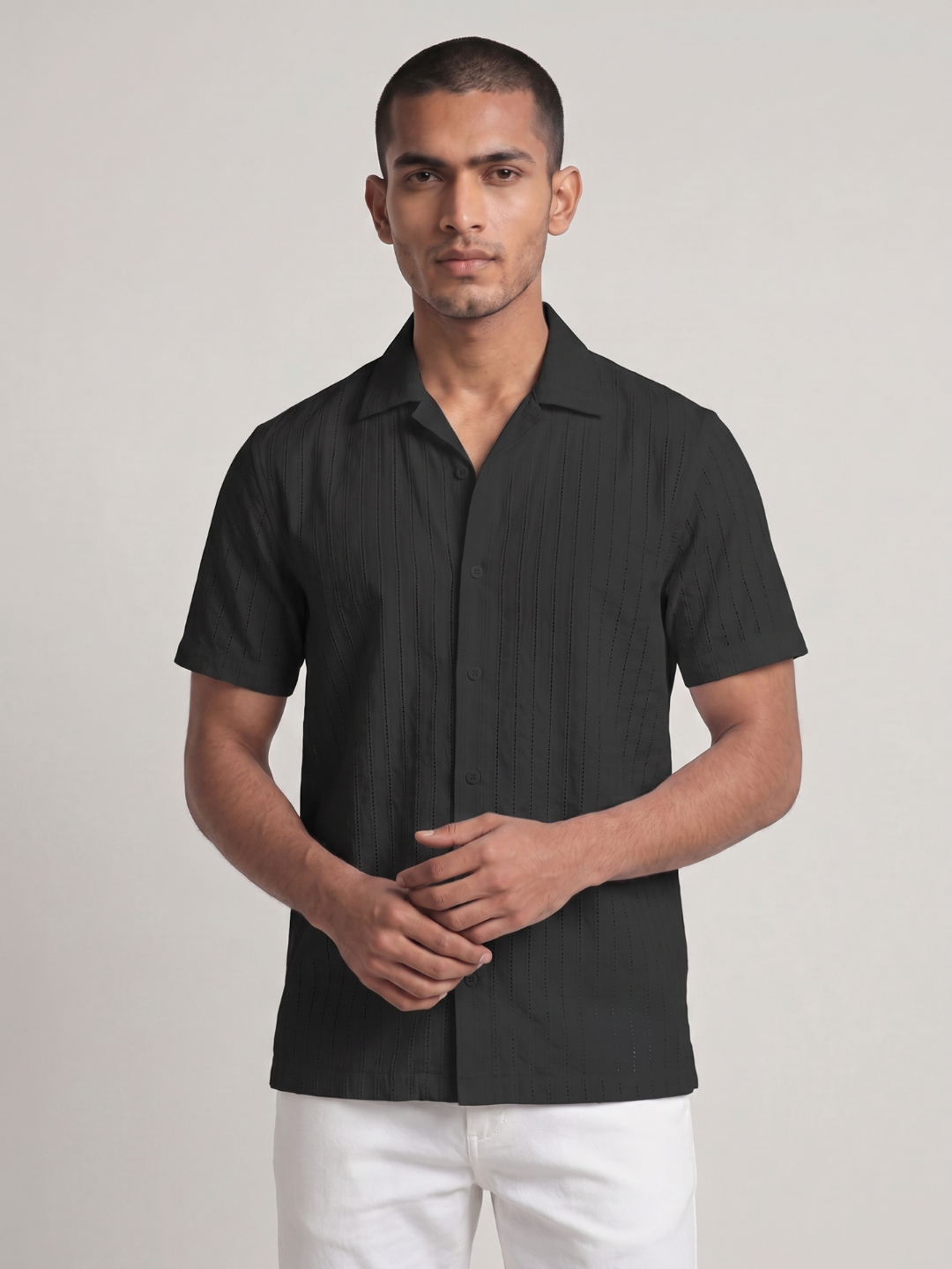 Khadi Midnight Black Cuban Collar Half Sleeve  Shirt