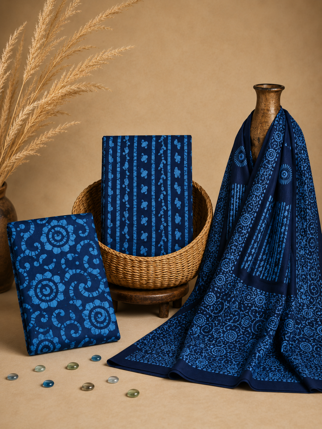 Blue Batik Spiral Print with Ethnic Dupatta 3 Pcs Unstitched Suit Set
