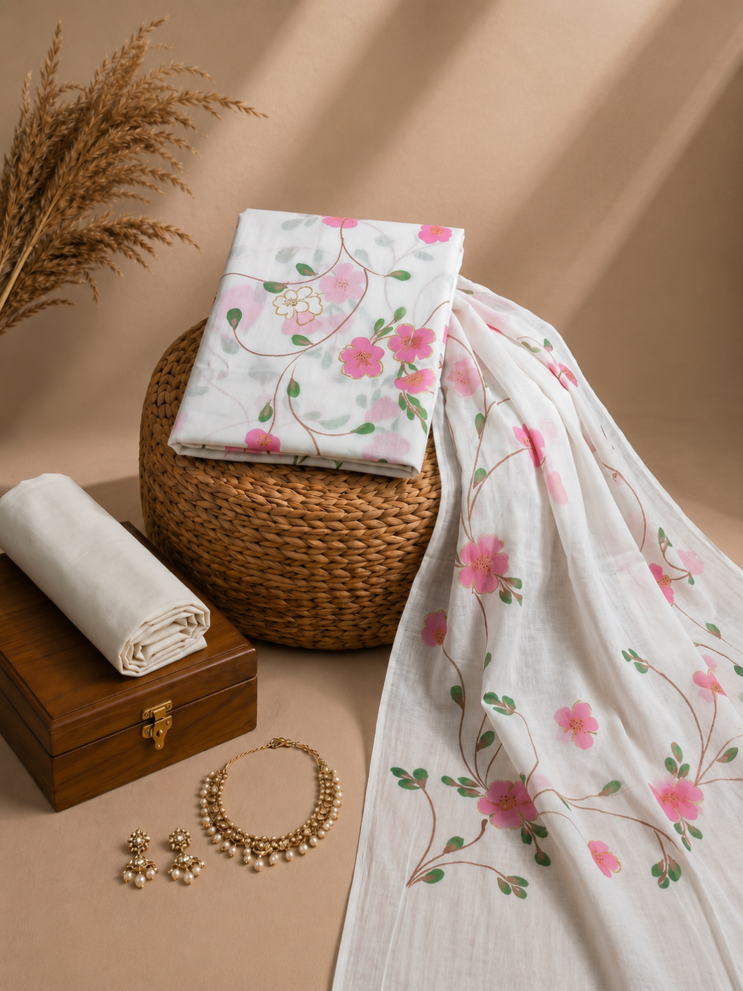 Khaddar Exclusive Hand Painted 3 Pcs Unstitched Suit Set - White & Pink Floral