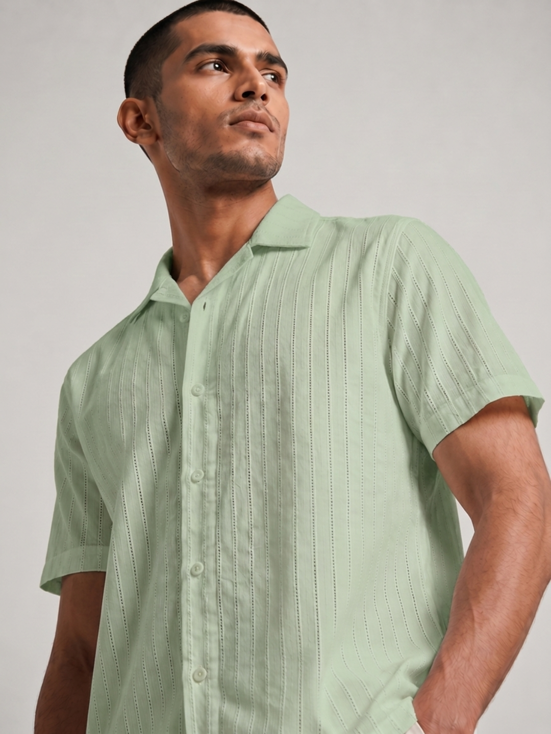 Khadi Fern Green Cuban Collar Half Sleeve Shirt