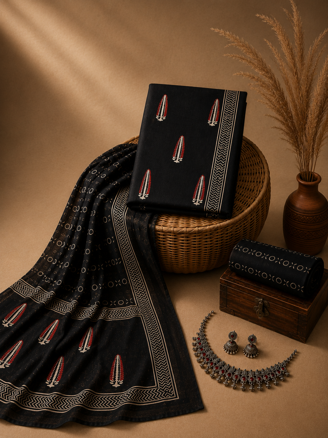Black Batik Leaf Motif - 3-Piece Unstitched Suit Set
