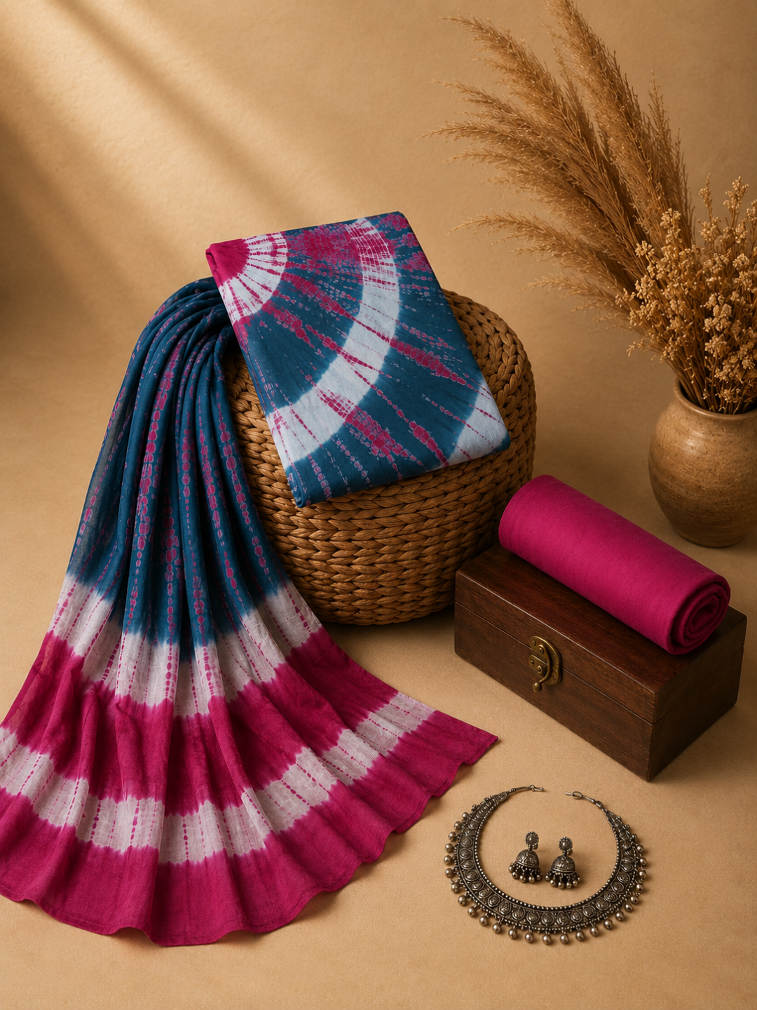 Teal & Pink Shibori Tie-Dye | 3-Piece Unstitched Suit Set
