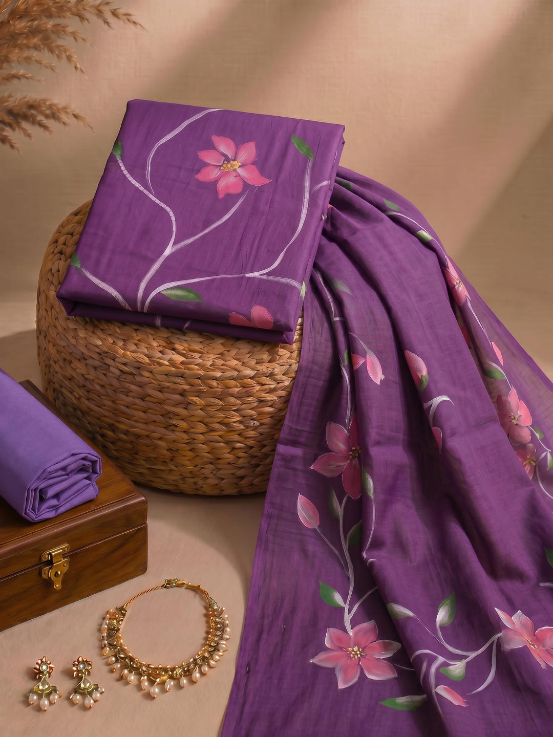 Khaddar Exclusive Hand Painted 3 Pcs Unstitched Suit Set - Royal Plum Floral