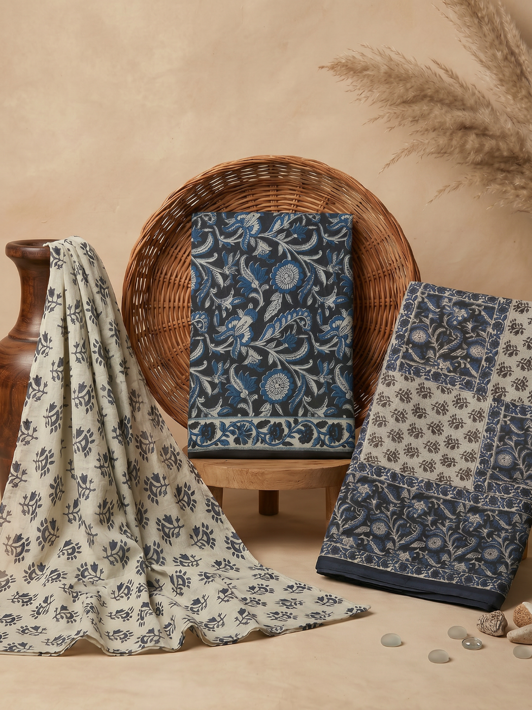 Indigo Floral Block Print | 3-Piece Unstitched Suit Set
