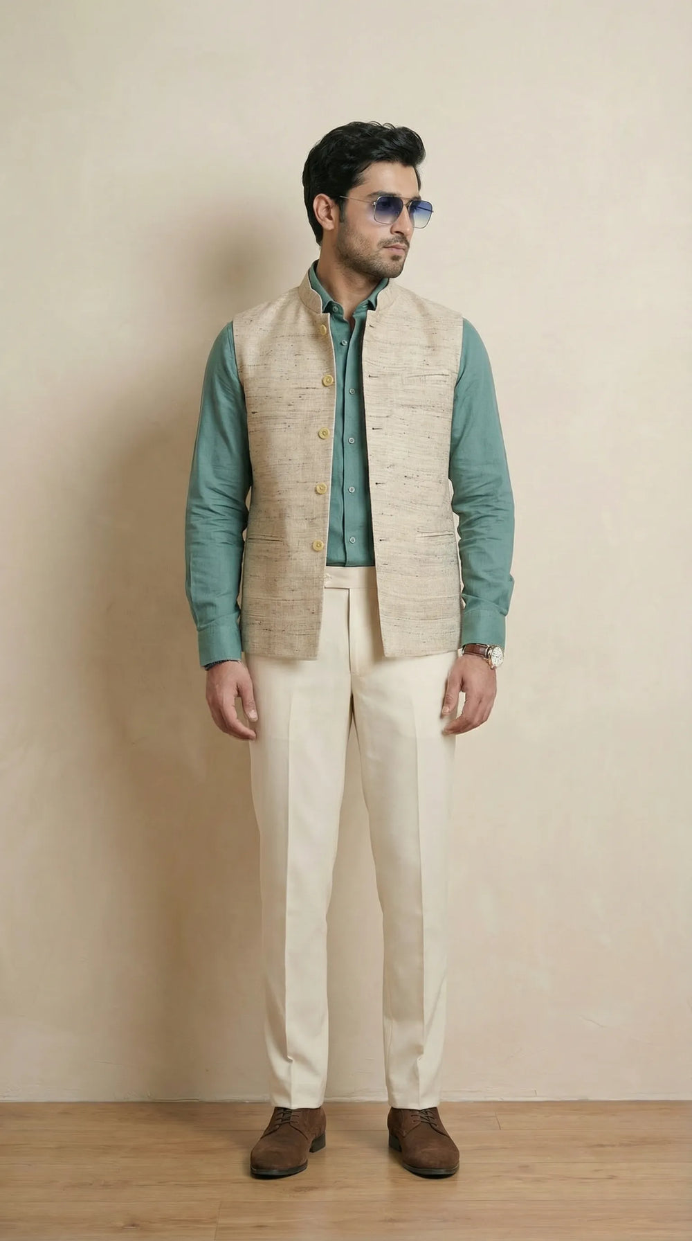 Silk Beige Signature Nehru Fit Jacket | 100% Woolen