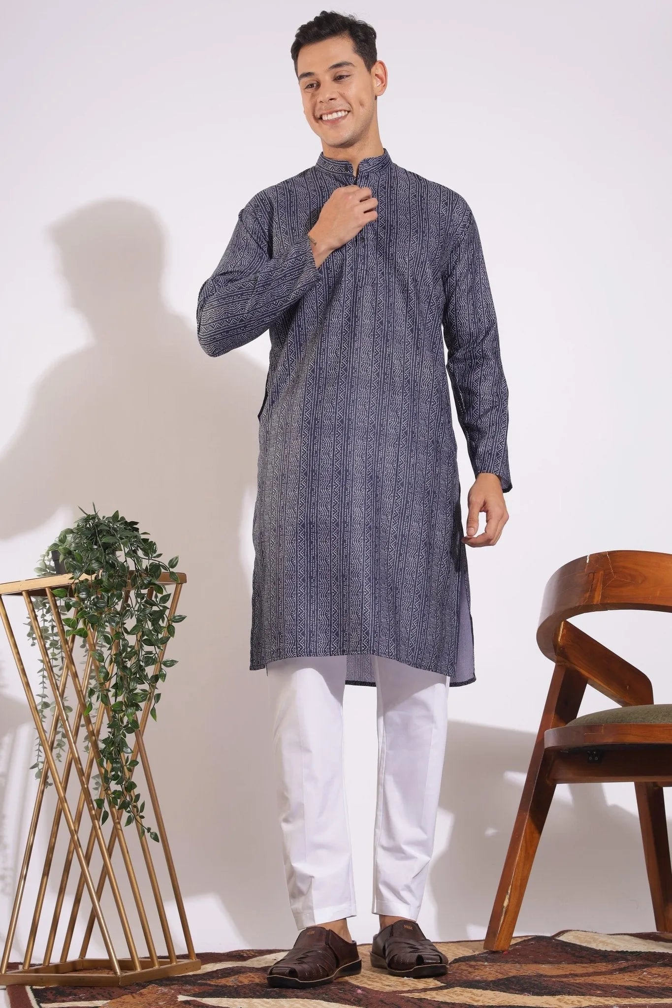 Trending Black and Grey Lining Design Print Kurta