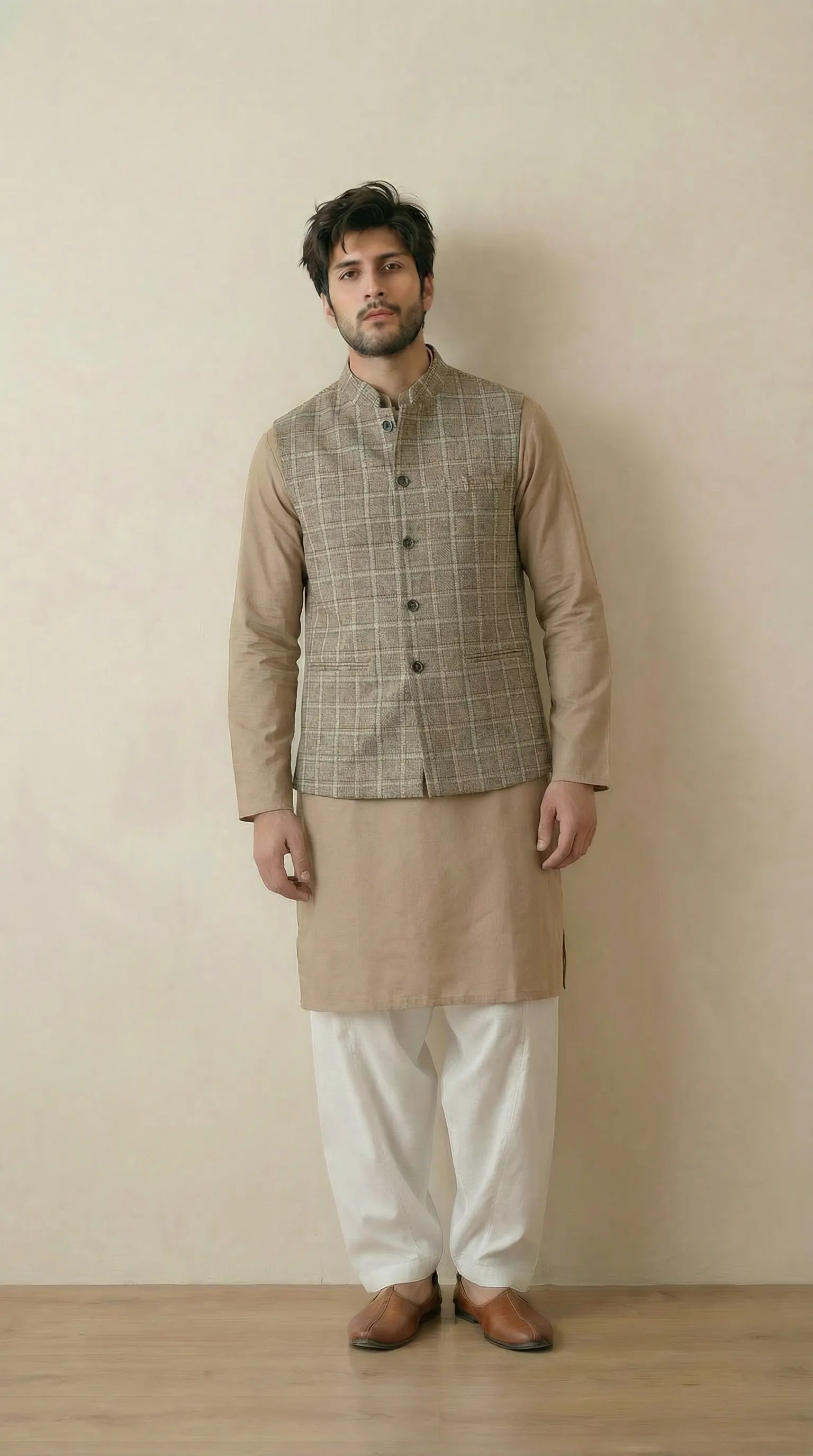 Natural Beige Signature Nehru Fit Jacket | 100% Woolen