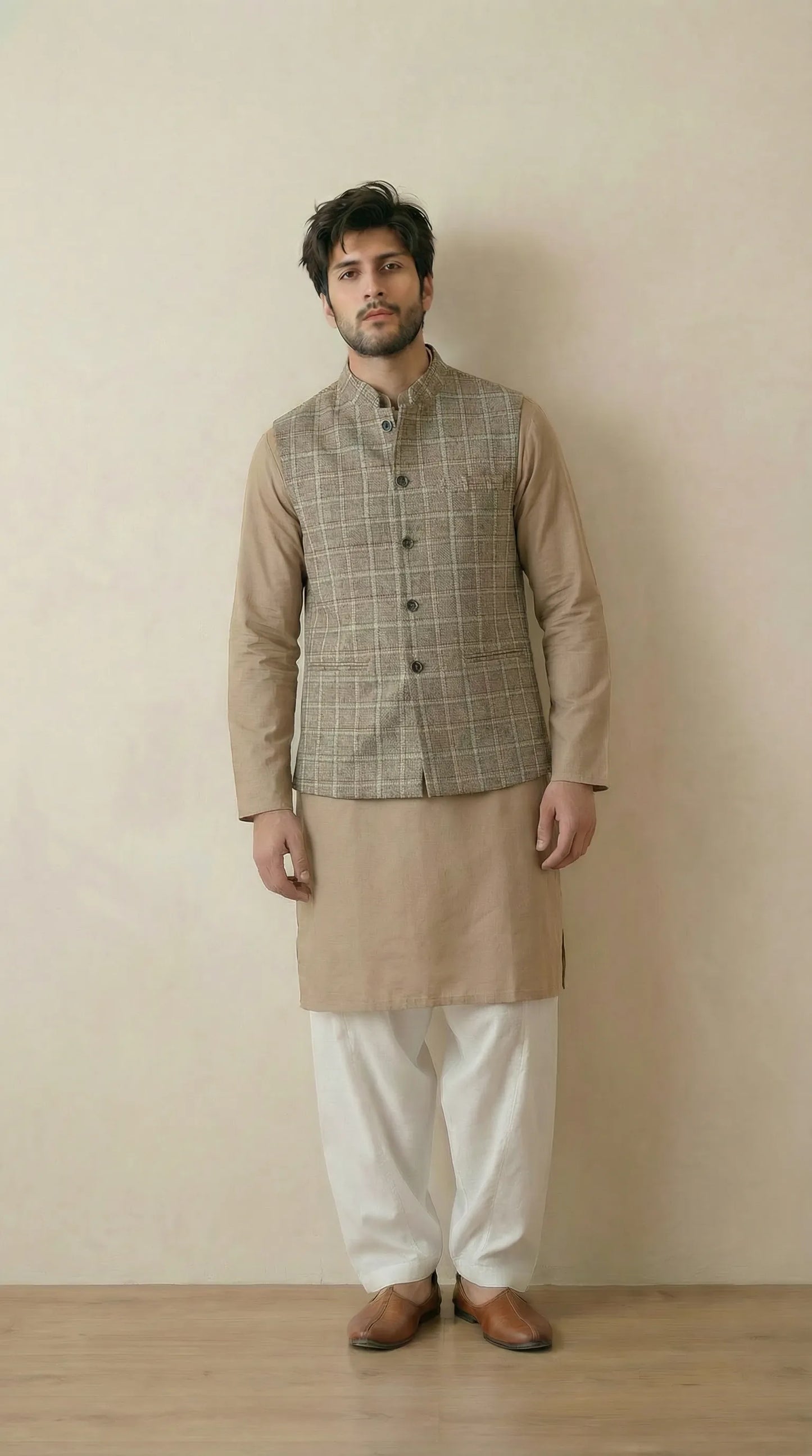 Natural Beige Signature Nehru Fit Jacket | 100% Woolen
