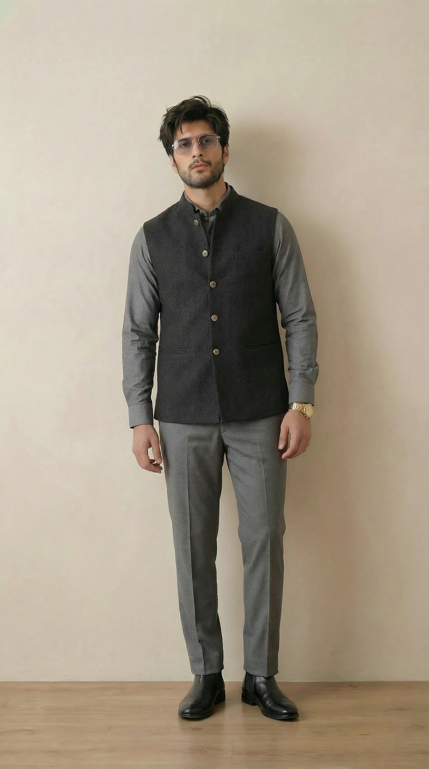 Shadow Black Signature Nehru Fit Jacket | 100% Woolen