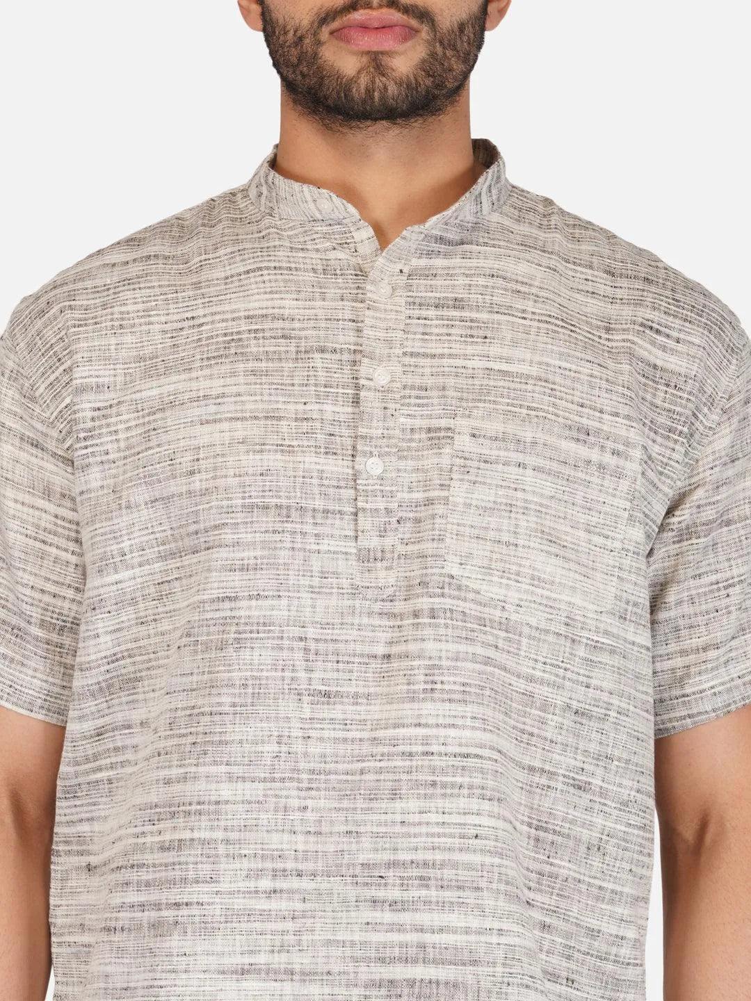 Pure Khadi Short Kurta in Self Pattern Grey Color