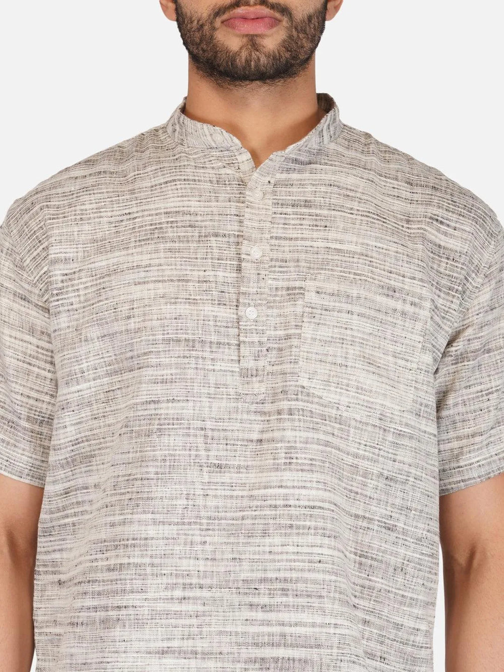 Pure Khadi Short Kurta in Self Pattern Grey Color