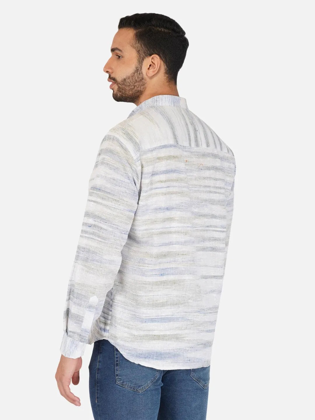 Pure Khadi Short Kurta in Self Pattern Blue Color