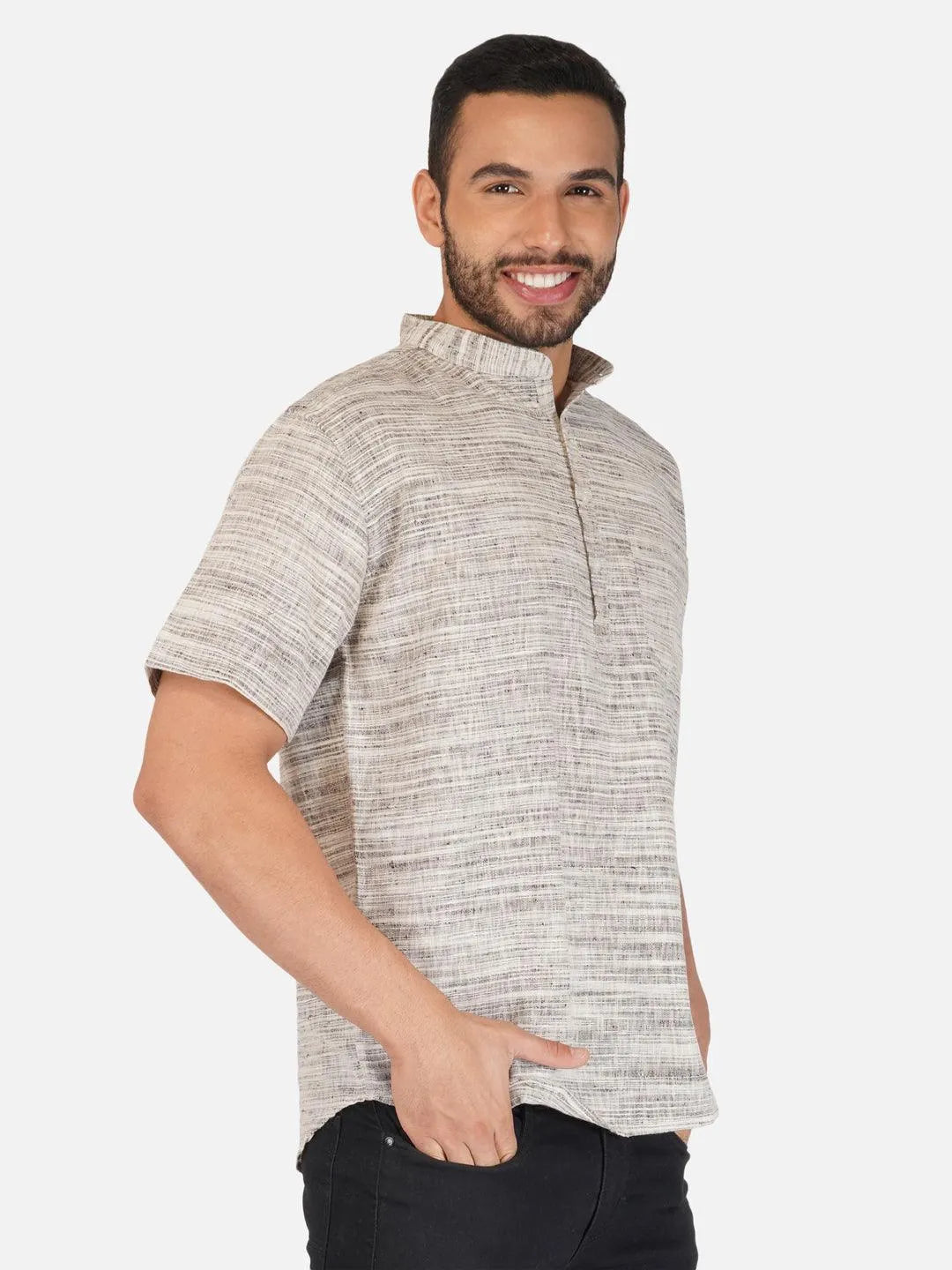 Pure Khadi Short Kurta in Self Pattern Grey Color