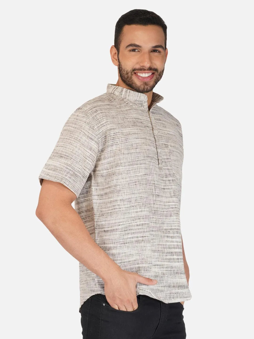 Pure Khadi Short Kurta in Self Pattern Grey Color