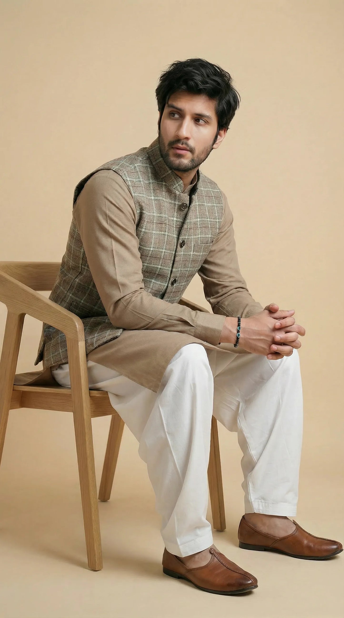 Natural Beige Signature Nehru Fit Jacket | 100% Woolen