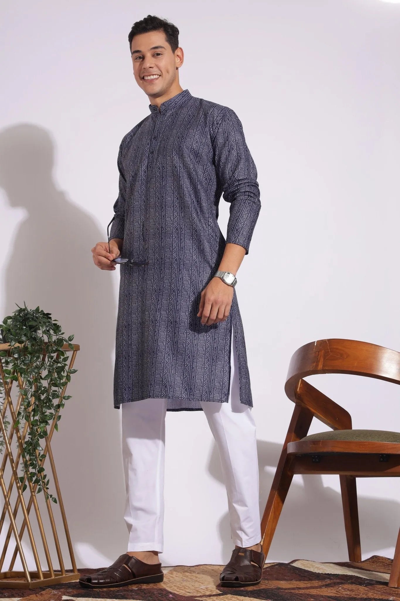 Trending Black and Grey Lining Design Print Kurta
