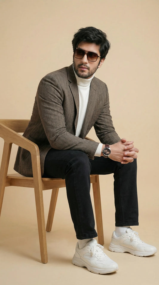 Biscuit Brown Tweed Blazer | 100% Wool, Classic Structured Fit