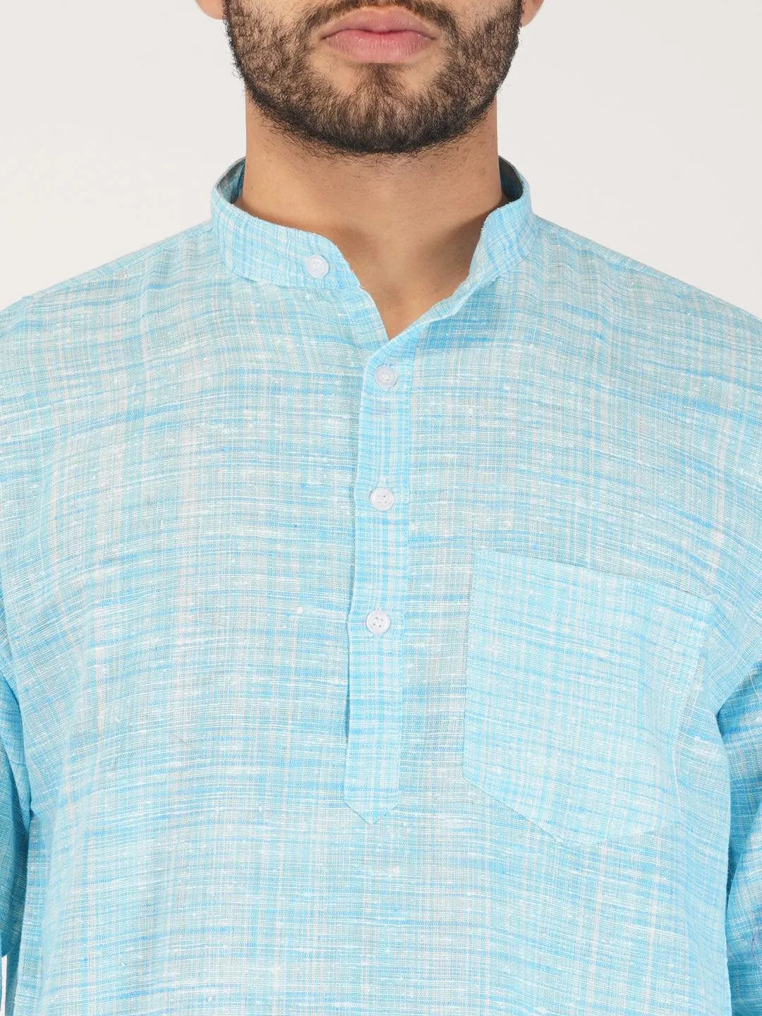 Pure Khadi Short Kurta in Sky Blue Color