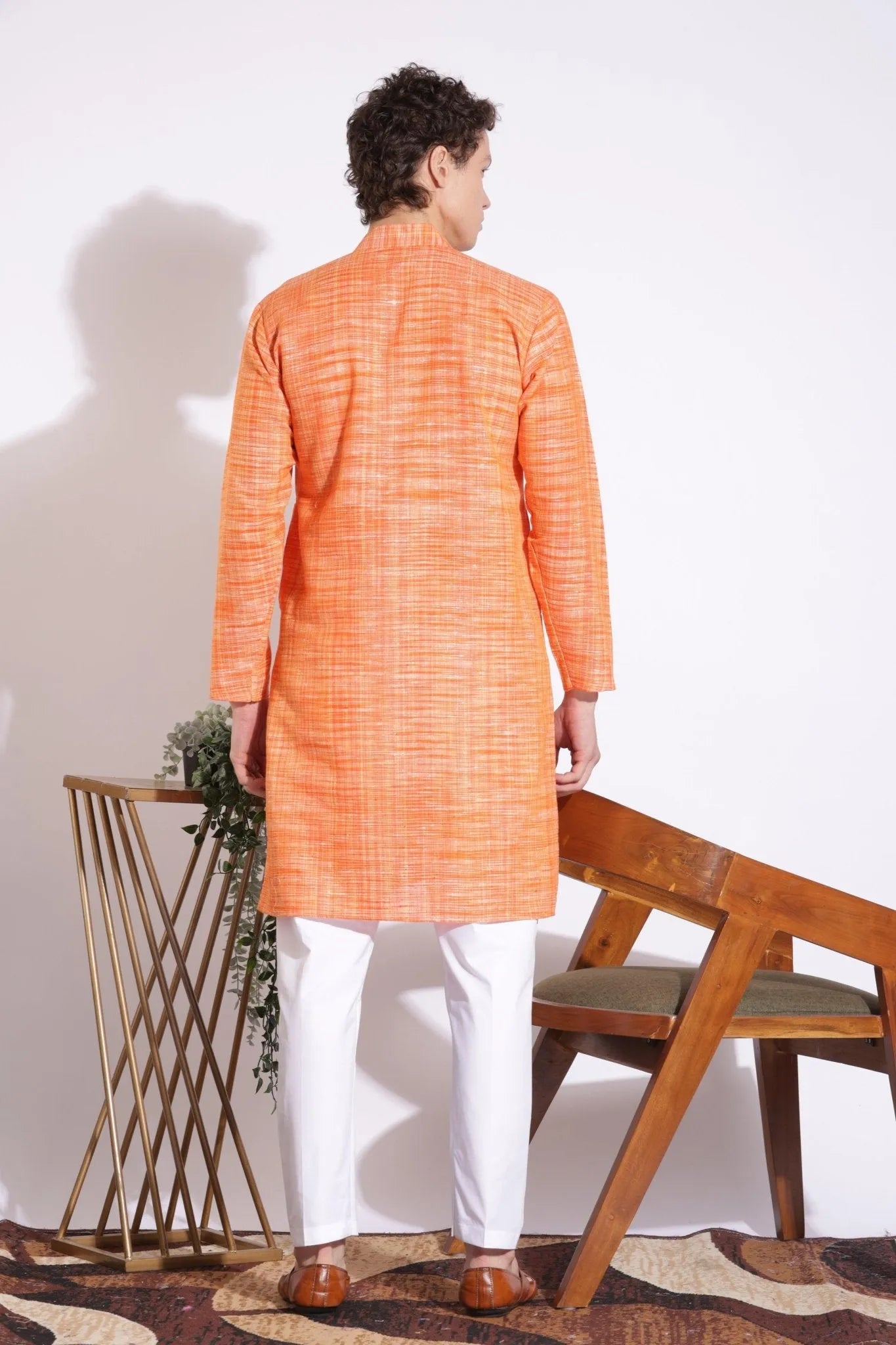 Vibrant Orange Khadi Cotton Long Kurta
