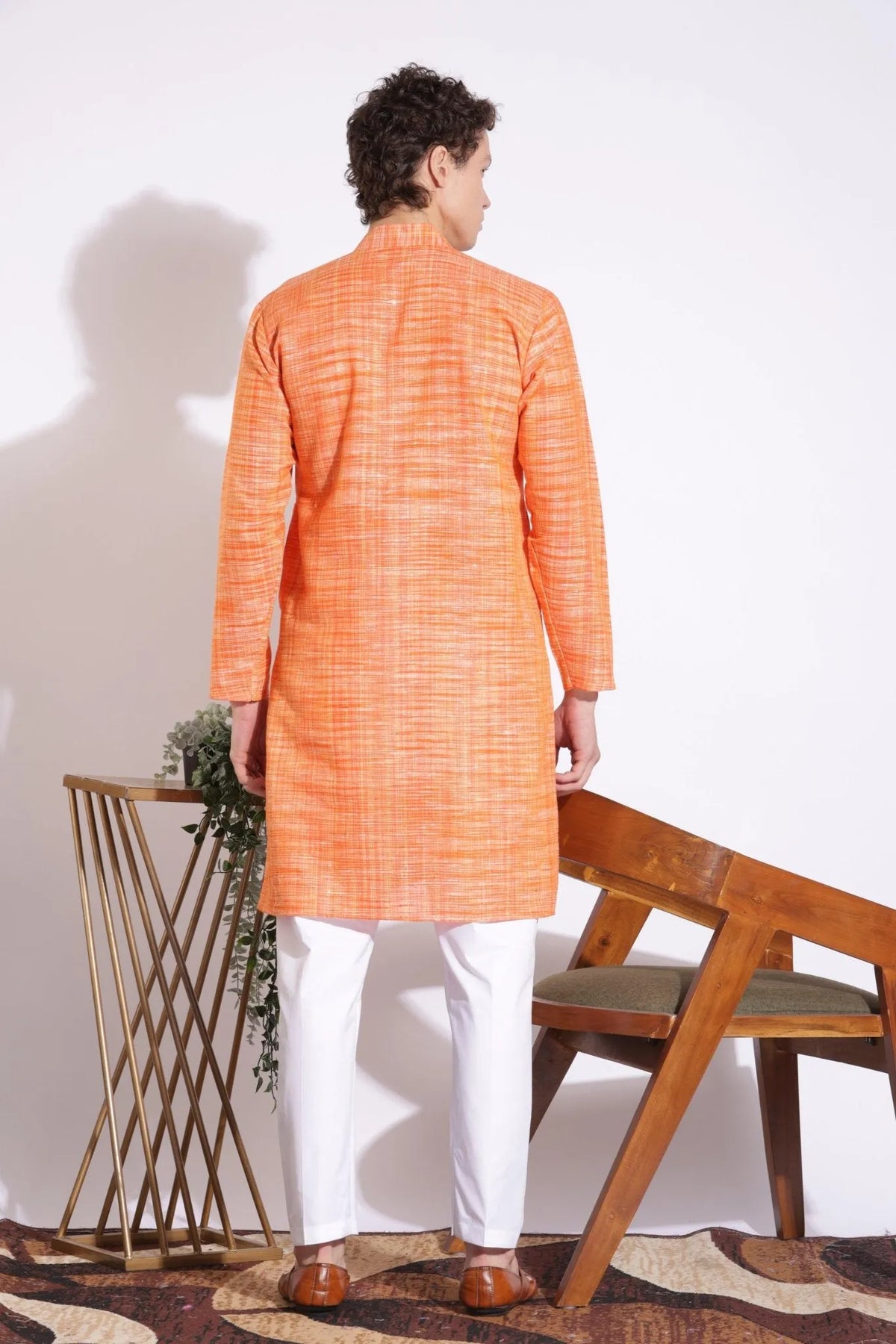 Vibrant Orange Khadi Cotton Long Kurta