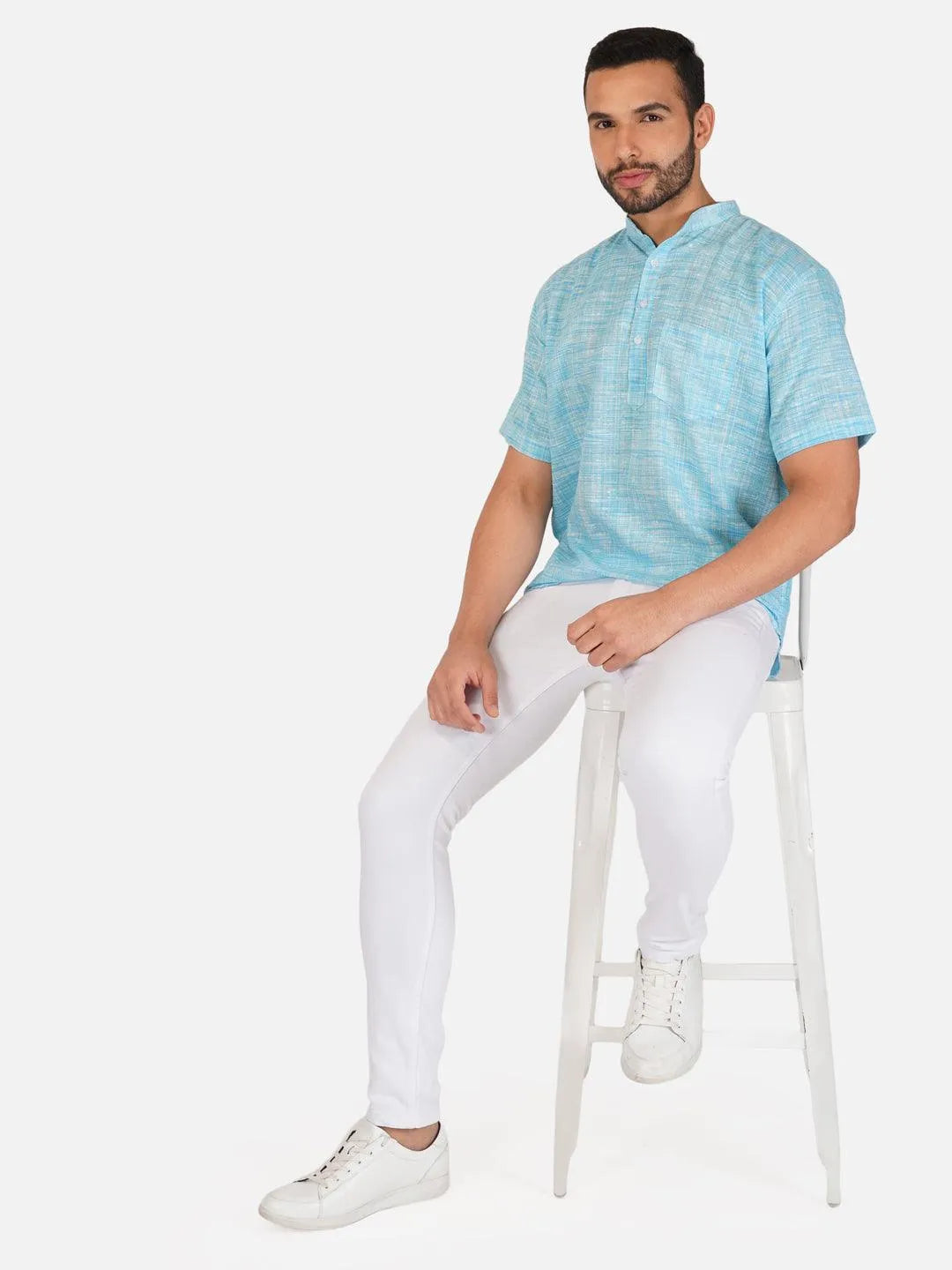 Pure Khadi Short Kurta in Sky Blue Color