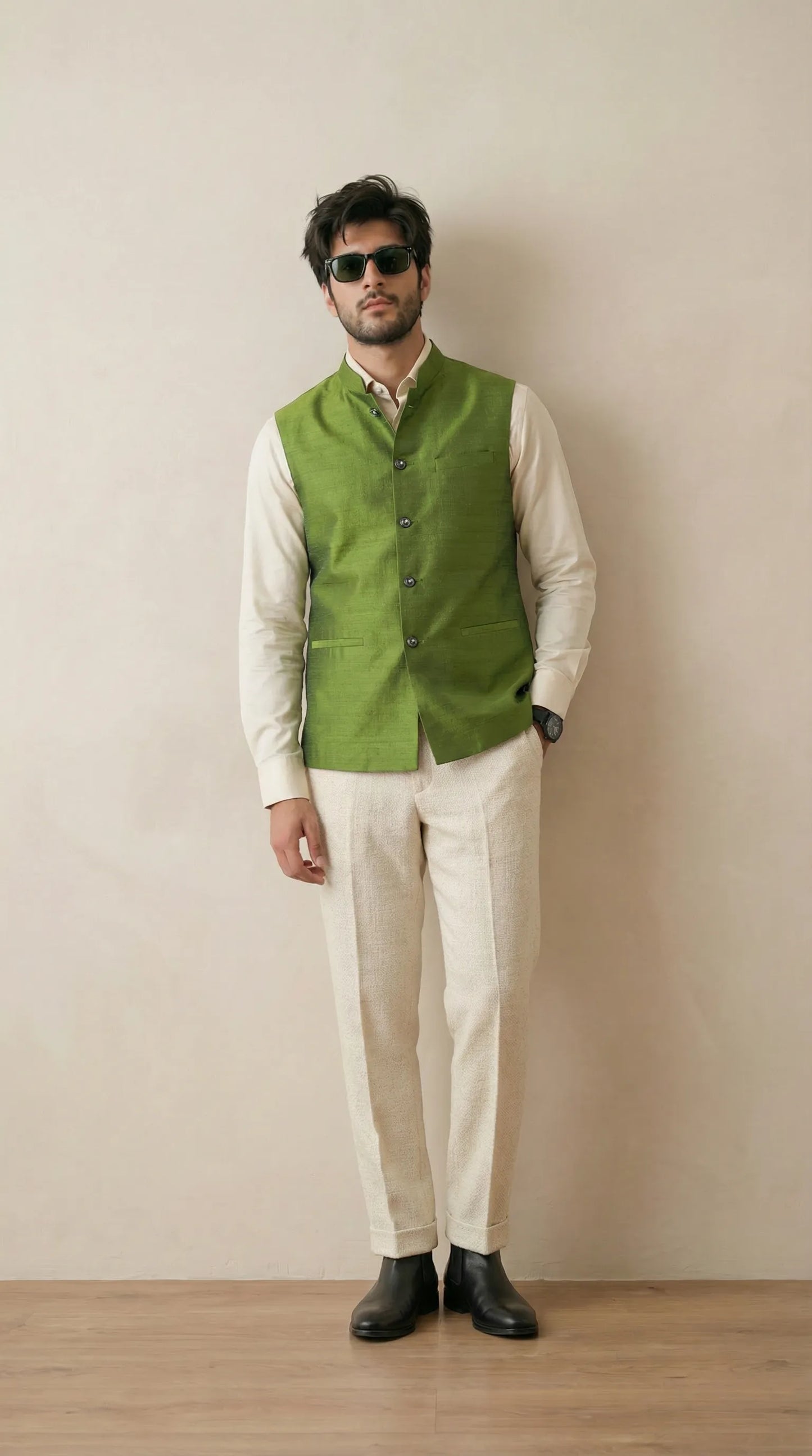 Lime Green Signature Nehru Fit Jacket | 100% Woolen