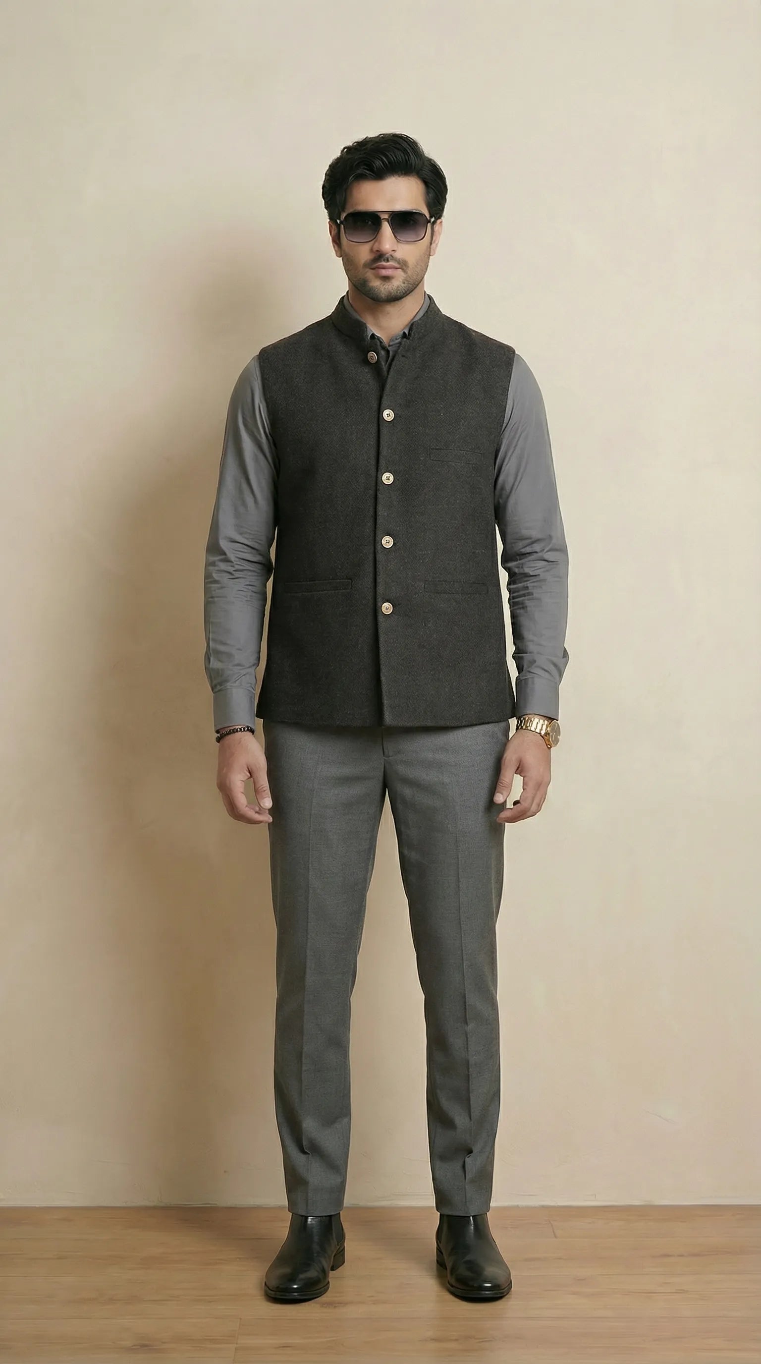 Shadow Black Signature Nehru Fit Jacket | 100% Woolen