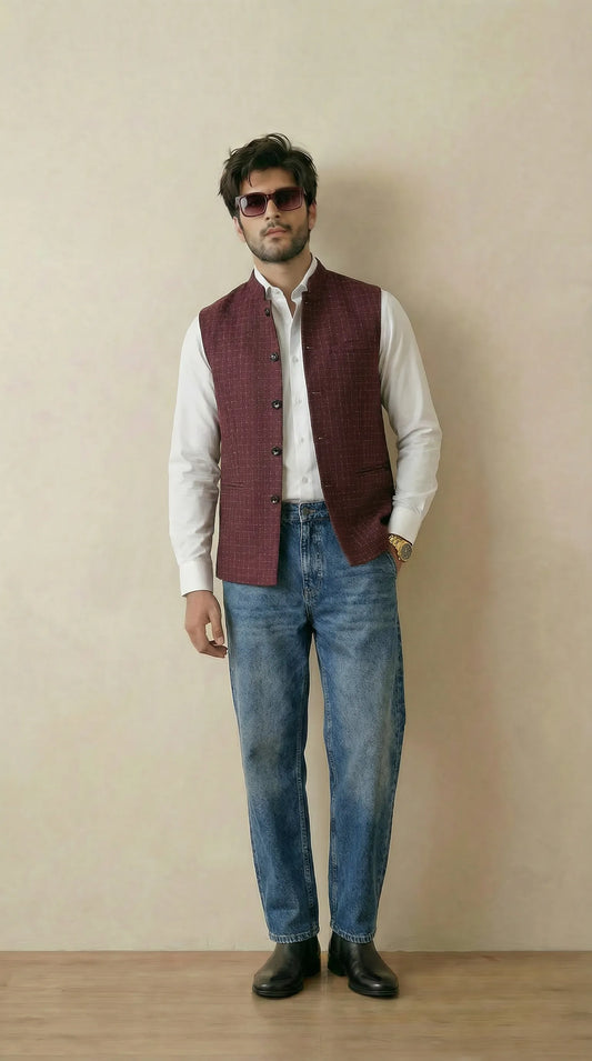 Burgundy Signature Nehru Fit Jacket | 100% Woolen
